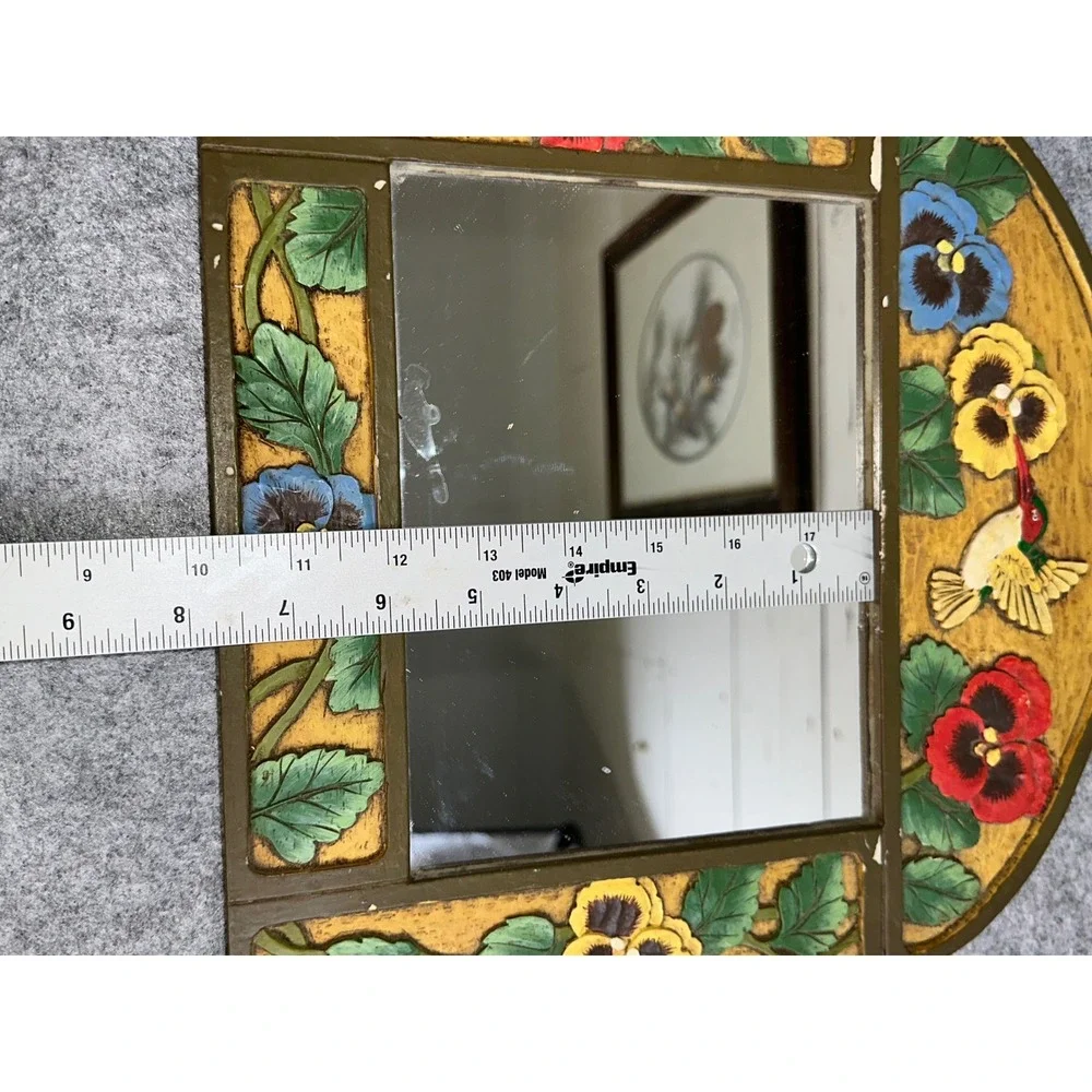 Vintage Hand Painted Pansy Hummingbird Floral Arched Wall Mirror Cottagecore